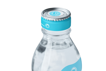 Clear water bottle with a blue cap against a bright backdrop