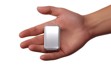 Hand holding a small metallic object against a plain background