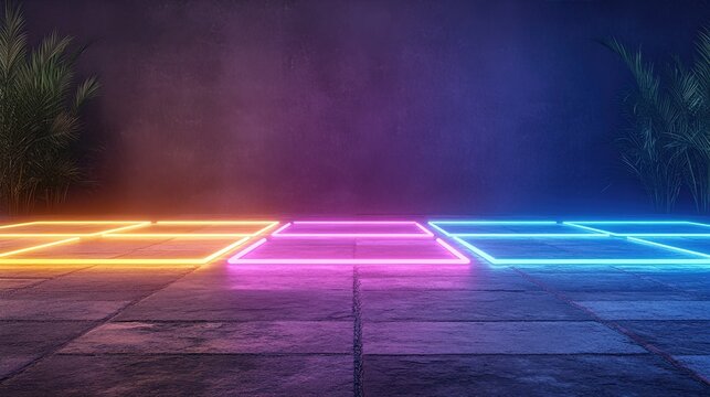 Neon Stage: An abstract, futuristic stage bathed in vibrant neon lights, set against a textured backdrop, embodying a sense of technological advancement, with elements of modern design.