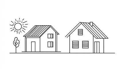 Two houses, sunny day, simple illustration, background, use for children's book, or educational material