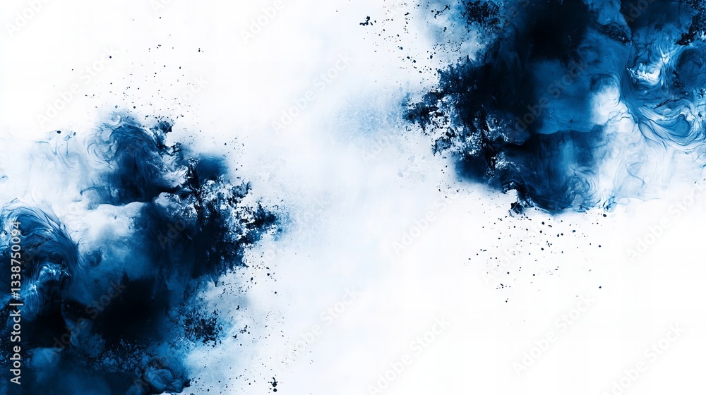 Poster abstract dark blue textures and particles spread out and swirl on a white surface creating a dynamic