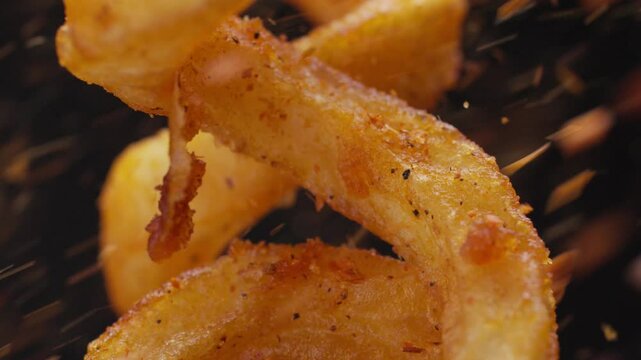 Pouring chili powder on curly fries. Junk food