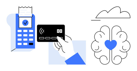 Hand swiping a card at a card reader with a contrasting connected brain-heart illustration. Ideal for fintech, contactless, smart payment, mental health, technology, innovation, mindfulness. Flat
