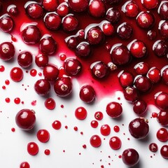 Vibrant Cranberry Delight A Captivating Close Up of Fresh Berries in Luscious Juice on White Surface