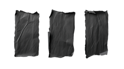 Three pieces of torn black paper isolated on a white background, a text and decoration template