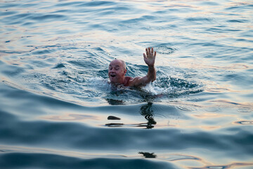 senior man caught in open water, sea, drowns in sea, danger underwater currents, fear deep water,...