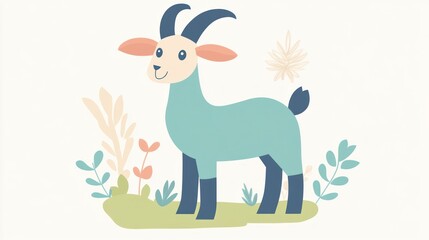 Fototapeta premium Cute cartoon goat in a field, children's illustration, perfect for educational materials or greeting cards
