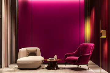 A premium living lounge with a magenta color scheme, crimson red wall, and a stylish armchair, offering a trendy and luxurious atmosphere.