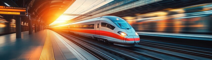 Fototapeta premium ** High-Speed Train in Motion at Modern Station with Vibrant Sunset Lighting and Dynamic Perspective Capturing Speed and Innovation..**
