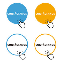 Blue and orange contactanos round button with a hand clicking on a white background (trad. contact us)