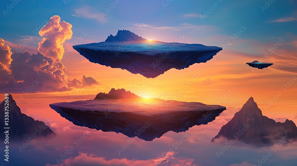 Poster sunset landscape abstract background idea. surreal floating mountains under a vibrant sunset with co