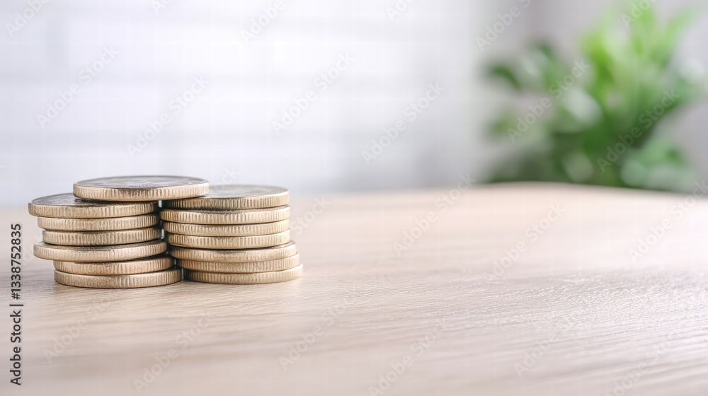 Poster close-up of a stack of coins positioned on a table representing financial wealth and investment choi
