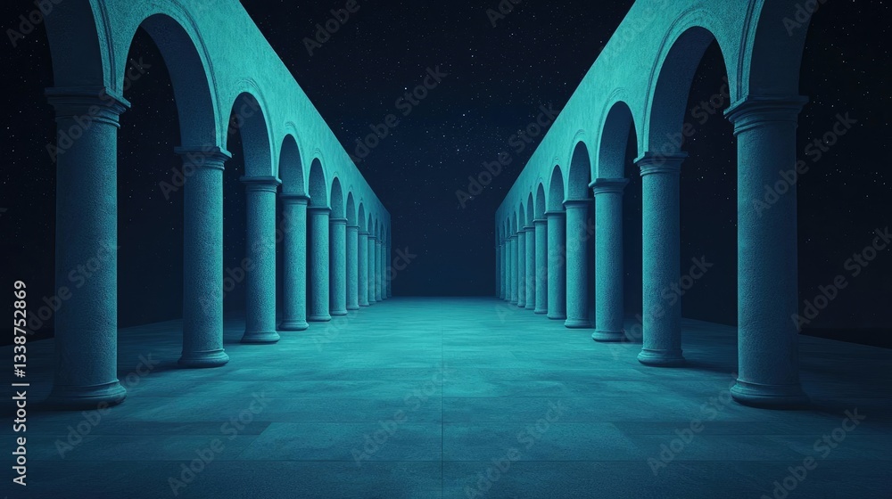 Poster surrealist art abstract background concept. ethereal corridor lined with elegant arches and soft lig