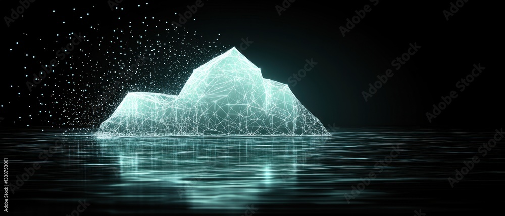 Aufkleber digital iceberg floating on dark water surface with glowing particles and network connections in a f