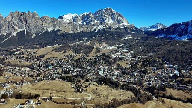 Aerial scenic view of Cortina d&rsquo;Ampezzo is a ski resort in northern Italy. It&rsquo;s part of the Dolomiti Superski area clear sky snow peak covered