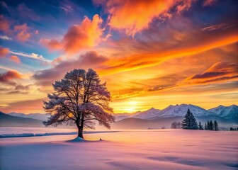 Surreal Sunset: Lone Tree in Snowy Field and Pink Orange Sky over Mountains