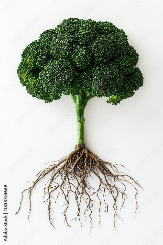 Poster conceptual broccoli tree with roots on white backdrop representing healthy eating and nature connect