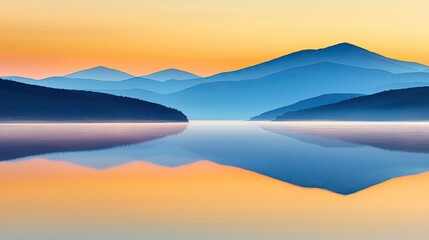 Obraz premium Sunset landscape abstract background idea. Serene mountain landscape at dawn, showcasing tranquil waters and colorful sky reflections.
