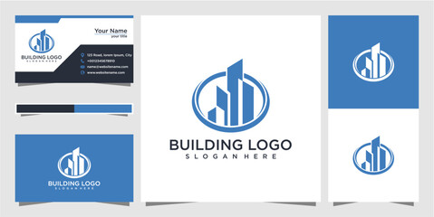Blue and White Modern Building Logo Design for Business Cards