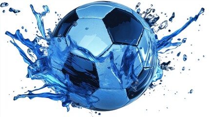 A vibrant blue soccer ball explodes with splashing water droplets creating a dynamic and energetic image perfect for sports related designs and marketing materials.
