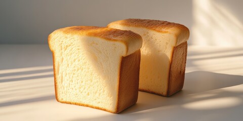 Golden Toast: Two slices of fresh, golden toast bask in the sunlight, their textured surfaces glistening. Perfect for breakfast or a light snack.