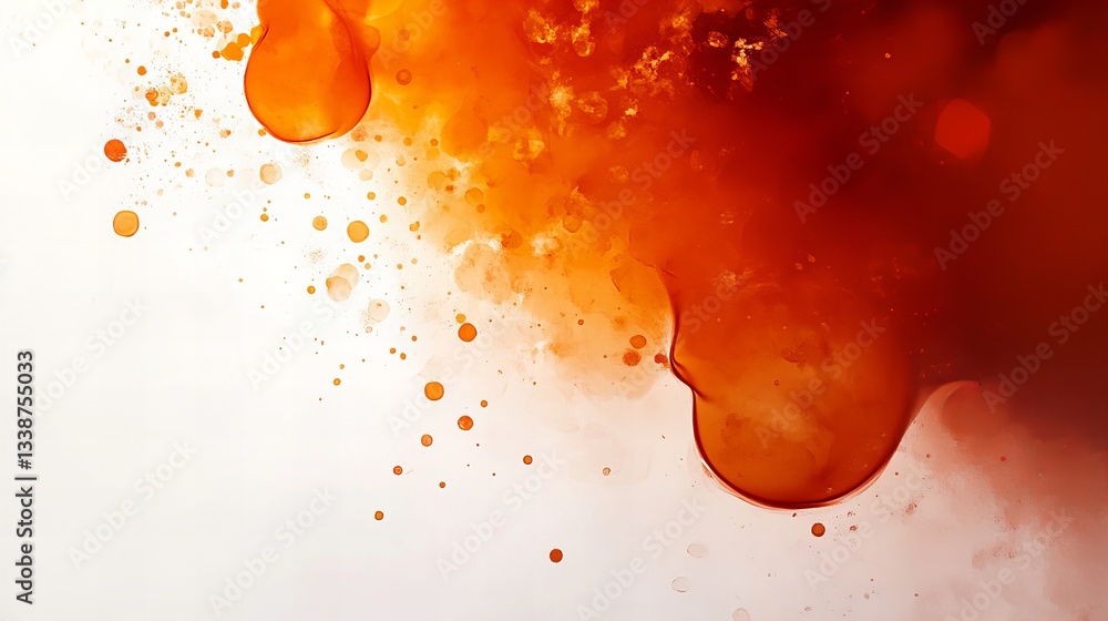 Poster abstract orange fluid spills and scatters across the white background, with varying concentrations o