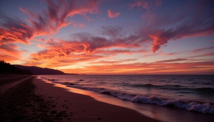 Dramatic sunset over ocean waves, serene coastal evening