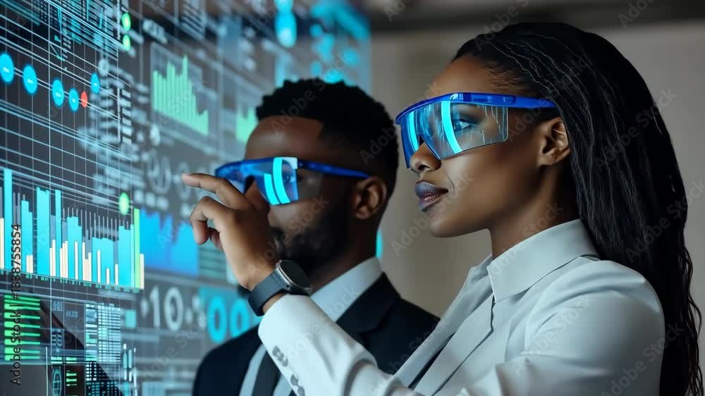 Poster Two business professionals in smart attire use augmented reality glasses to analyze data visualizations in a high-tech environment, showcasing the intersection of business and technology.