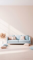 Minimalist living room interior with light blue sofa, pink pillows and dried flowers. Pastel color scheme for modern home decor. Scandinavian style with copy space