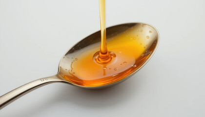 close up of honey being poured into shiny spoon, showcasing its rich golden color and smooth texture, evoking sense of