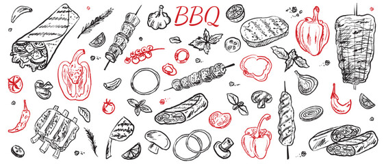 Barbeque street food collection in brush stroke texture isolated on white background. Hand drawn vector sketch illustration in vintage charcoal ink style. Shawarma, doner kebab, pita, meat on skewer.