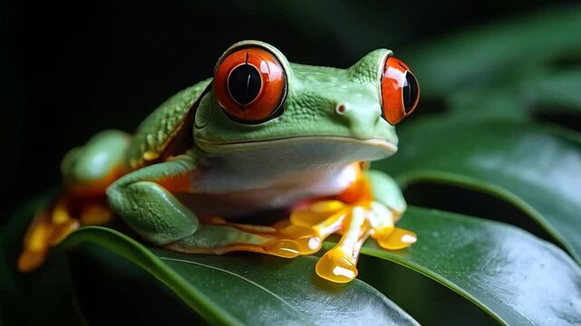 Close Up of a Red-Eyed Tree Frog on Leaf.