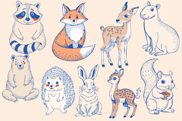 ute and funny Animals illustrations Animals Illustration set Handmade scribbles doodle illustrations vector