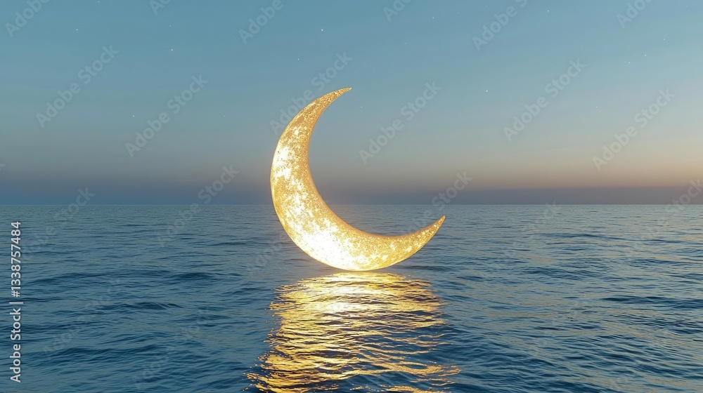 Poster negative space design abstract background idea. a glowing crescent moon floats peacefully on calm oc