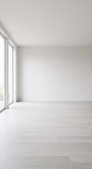 Fototapeta premium Minimalist empty white room interior with large window and natural light. Modern clean design for home, office, or studio space. Bright airy loft concept with copy space