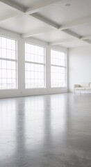 Obraz premium Minimalist white interior with large windows and coffered ceiling. Empty spacious room with reflective floor. Modern architectural design for studio, gallery, or event space