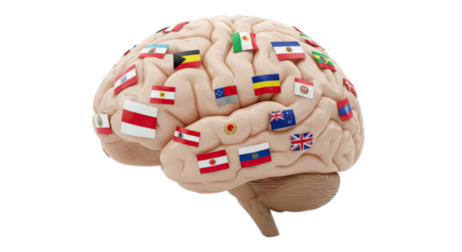 Human Brain with International Flag Representing  Multilingualism and Global Communication on white background PNG  