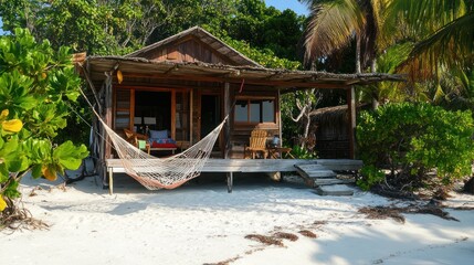 Naklejka premium Idyllic beach getaway: rustic shack with hammock on tropical white sandy shore