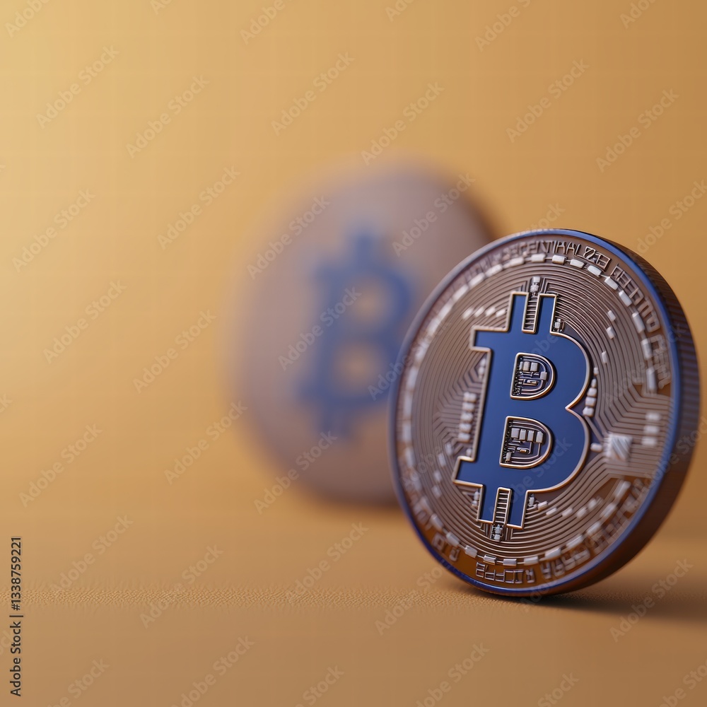 Poster single bitcoin coin captured in detail highlighting the popularity of virtual currency in today?s ma