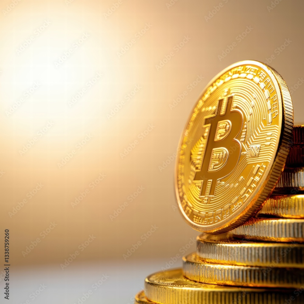 Poster bitcoin coin perched on a stack of coins illustrating the integration of digital and traditional cur
