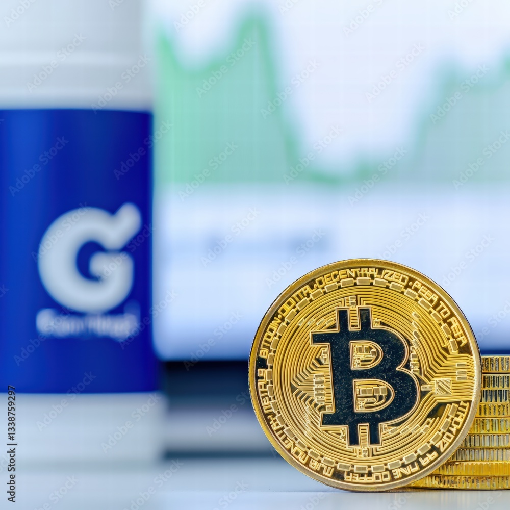 Aufkleber close-up of a bitcoin surrounded by a gleaming stack of coins reflecting light in a soft focus