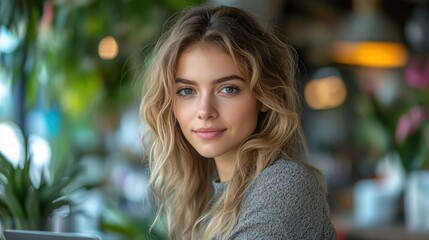Fototapeta premium Portrait of a Young Woman with Long Blonde Hair in a Cafe Setting