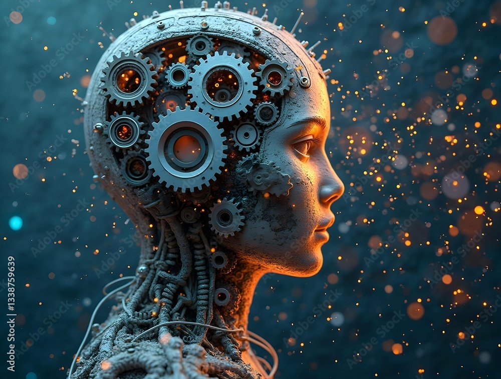 Poster detailed cyborg head with visible gears and circuitry, blending human features with mechanical eleme