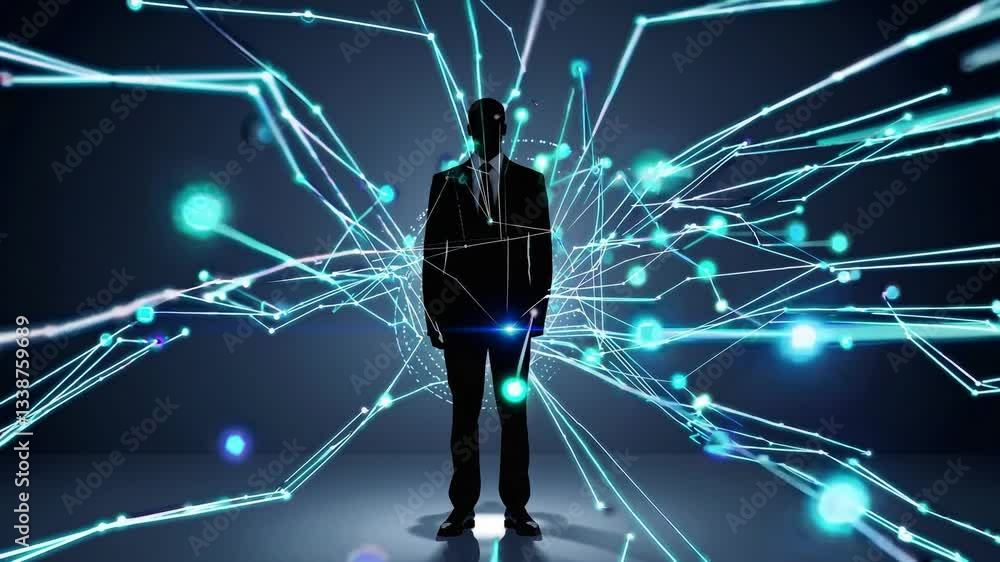 Poster seamless loop a silhouette of a businessman standing amidst a web of digital connections and light p