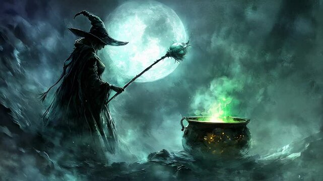 Mysterious witch brews potion under the glowing full moon in a dark, mystical landscape
