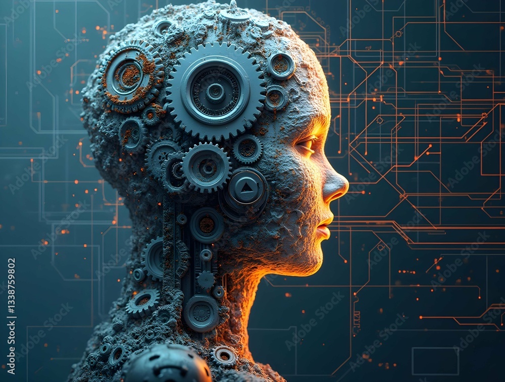 Poster detailed cyborg head with visible gears and circuitry, blending human features with mechanical eleme