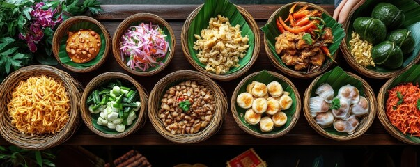 Fototapeta premium Traditional Thai food plating flat design top view cultural authenticity 3D render vivid