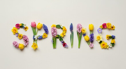 Word "spring" beautifully arranged with colorful blooming flowers on a white background, representing the changing seasons and the arrival of spring. Creative spring themed floral typography