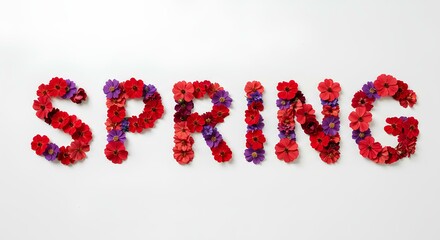 Word "spring" beautifully arranged with colorful blooming flowers on a white background, representing the changing seasons and the arrival of spring. Creative spring themed floral typography
