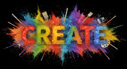 Explosive Creativity: Vibrant 'Create' with Paint and Brushes